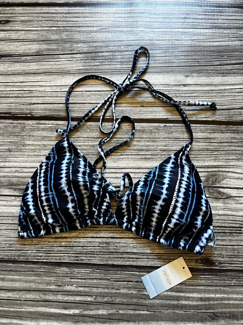 refuge Black and White Tie-Dye Triangle Bikini Top